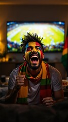 Fototapeta premium Passionate Football Fan with Painted Face in National Colors Cheering in Front of Large Screen Displaying Match