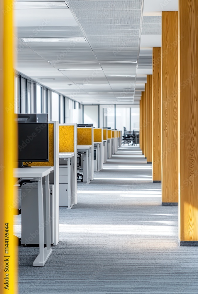 Poster modern office workspace with bright lighting and wooden columns, featuring rows of computer desks an