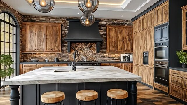 Modern Rustic Kitchen: A spacious and inviting kitchen with dark wood cabinets, a marble island, and a brick accent wall.  This image evokes a feeling of warmth, sophistication, and comfort.