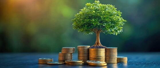 A small tree growing atop stacks of coins signifies financial growth, investment, and savings in a conceptual colorful background
