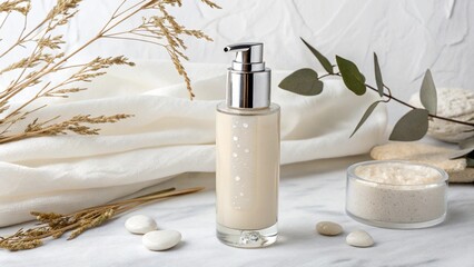 bottle of cream with dispenser, cosmetic facial skin care products. For advertising, poster, banner. Atmosphere - luxury, freshness, naturalness.