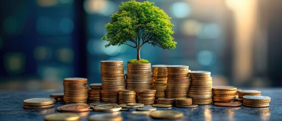 A small tree growing atop stacks of coins signifies financial growth, investment, and savings in a conceptual colorful background