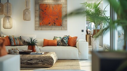 Modern living room with white sofa, orange pillows, wooden coffee table, and tropical plants.