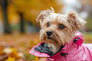 Yorkshire terrier in a pink coat enjoying autumn leaves