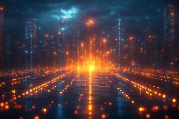 Fototapeta premium Fractal City series. Background design of three dimensional fractal structures and lights on the subject of technology, communications, education and science