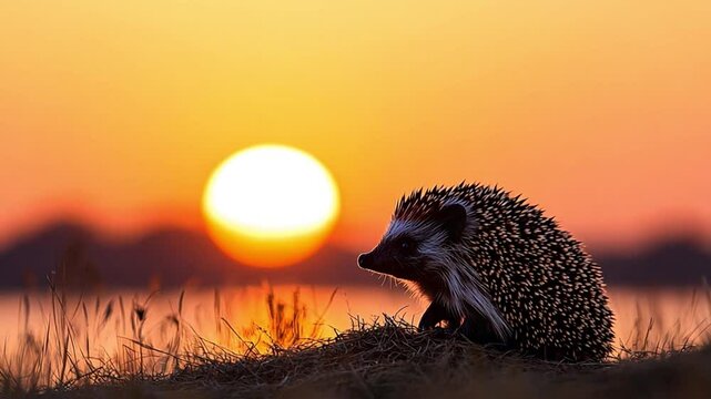 A hedgehog silhouetted against a sunset by the water, capturing a serene moment in nature footage