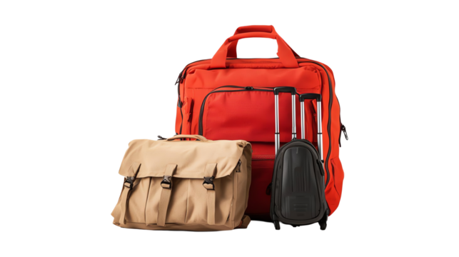 A colorful collection of travel bags including a large red suitcase, a beige messenger bag, and a compact black carry-on