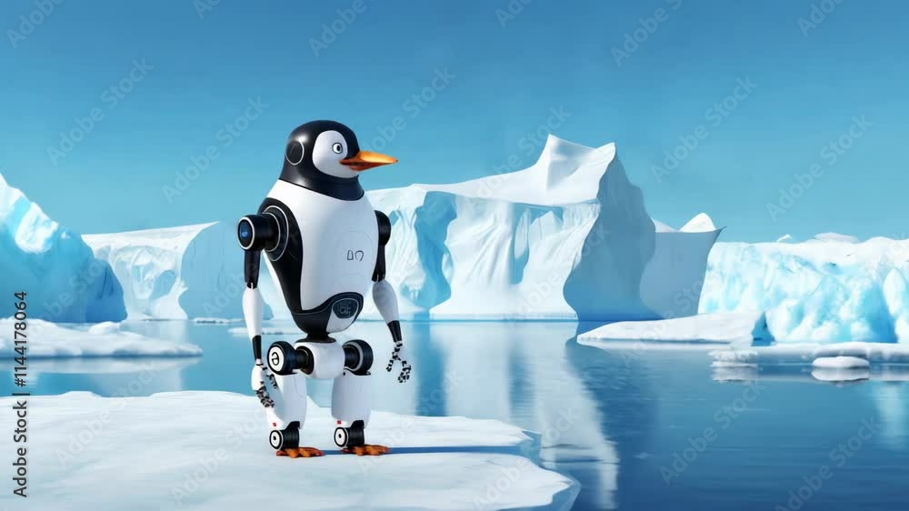 Poster futuristic penguin-shaped robot navigating a pristine antarctic landscape with towering icebergs and