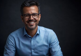 Obraz premium Professional man in a blue shirt smiling confidently against a dark background, portraying warmth and approachability in a studio setting, ideal for business and lifestyle themes.