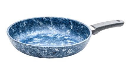 Blue marble-patterned frying pan with non-stick surface and ergonomic handle. Perfect for cooking enthusiasts and modern kitchen setups, blending style with functionality.