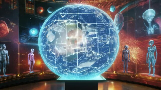 Scientist is analyzing holographic projections of alien species, planets, and cosmic phenomena on a large curved screen in a futuristic laboratory, advancing the search for extraterrestrial life
