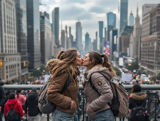 Fototapeta premium Ai generated image showing two lesbian women kissing in the modern city