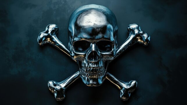 Metallic Skull and Crossbones: A chillingly beautiful image of a silver skull and crossbones set against a dark blue backdrop.  The gleaming metal reflects the light.
