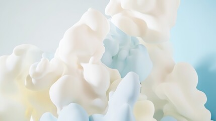 Fototapeta premium Playful formations of creamy white and baby blue cloud-like shapes float against a pastel sky, evoking a whimsical and dreamy atmosphere of lightness and joy