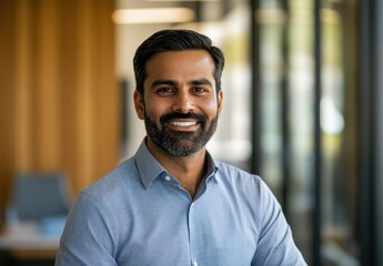 Obraz premium Professional young man with beard smiling confidently in modern office environment showcasing leadership and approachability in a corporate setting