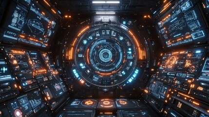 Fototapeta premium Futuristic control room with glowing interfaces.