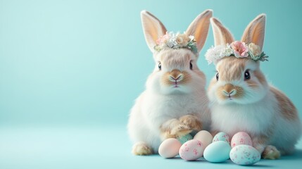 Easter bunnies with eggs and flowers on the light blue background with a copy space on the left side