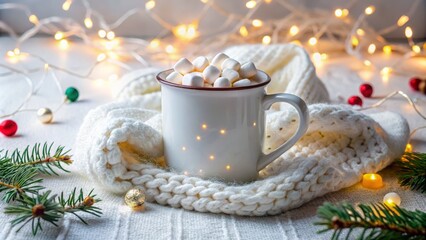 Cozy Christmas Mug: Festive Hot Chocolate with Marshmallow on Knitted Background