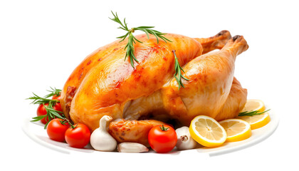 A beautifully roasted turkey served with fresh herbs, tomatoes, garlic, and lemon slices on a white plate. Ideal for food promotions and festive visuals.
