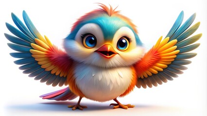 Obraz premium Cute Cartoon Bird Close-Up, Wingspan, Flying Bird , Adorable Avian, White Background