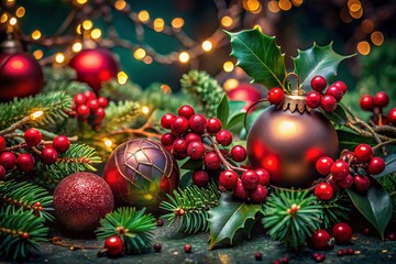 Dark Christmas Aesthetic: Holly, Ivy, and Baubles Wide-Angle Photography