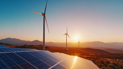Renewable energy landscape featuring solar panels and wind turbines at sunset