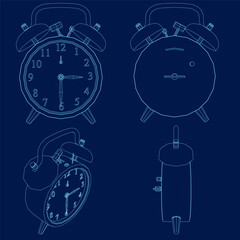 Alarm Clock contour set. Wake Up Time Vector Design on blue Background. Vector illustration