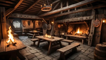 Cozy Medieval Tavern Interior with Fireplace and Wooden Tables