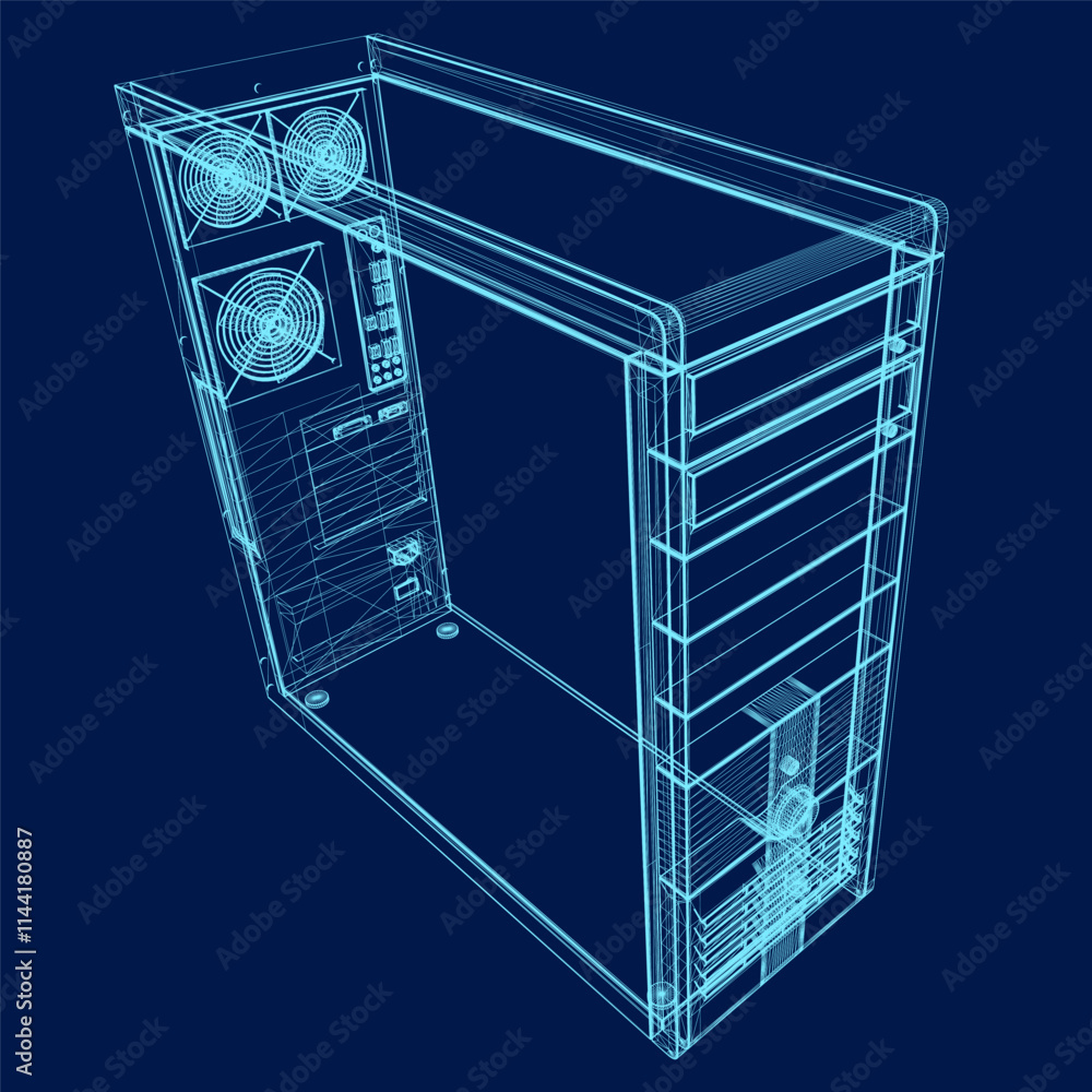 Poster computer case wireframe. thin vector line art. vector illustration