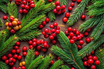 Festive Christmas Flatlay: Spruce Branches & Red Berries - Medium Shot