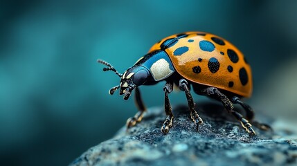 Fototapeta premium Close-up of a vibrant orange ladybug with black spots perched on a dark gray rock against a blurred teal background.