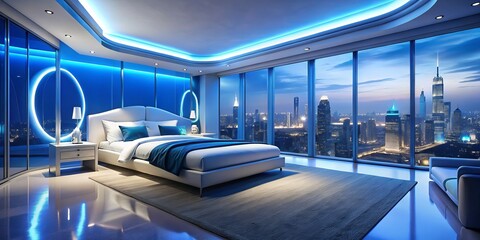 Fototapeta premium Futuristic Bedroom Night City View: Blue White Modern Luxury Design - Worm's Eye Perspective