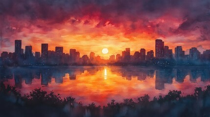 Fiery sunset over calm city skyline reflected in water.