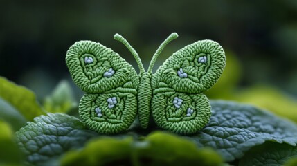 Green Yarn Butterfly On Lush Green Leaf