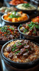 Obraz premium Sampling traditional Mongolian cuisine: Enjoy dishes like khushuur, plov, and airag.