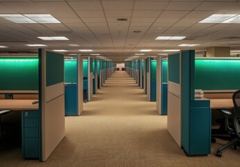Spacious and Modern Office Workspace with Cubicles, Brightly Lit Environment, and Clean Aesthetic Ideal for Corporate or Collaborative Activities