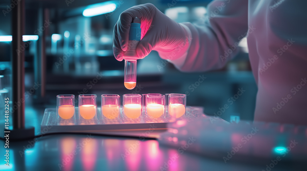 Poster scientist conducts experiment with colorful test tubes in a modern laboratory setting during evening