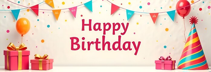 Naklejka premium A joyful birthday banner adorned with a gifts and delightful balloons, perfect for celebrating someone's special day