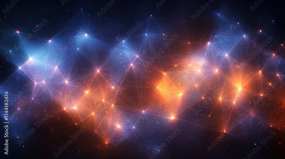 Poster abstract cosmic network of glowing nodes and connections.