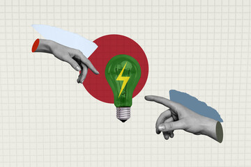 Composite artwork 3D sketch image photo collage of hand hold light bulb symbol innovation teamwork...