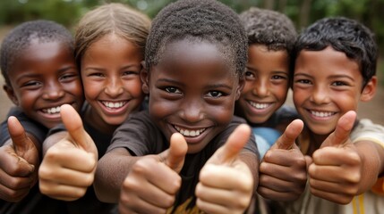Diverse Group of Happy School Children Giving Thumbs Up Together in a Close Up Portrait