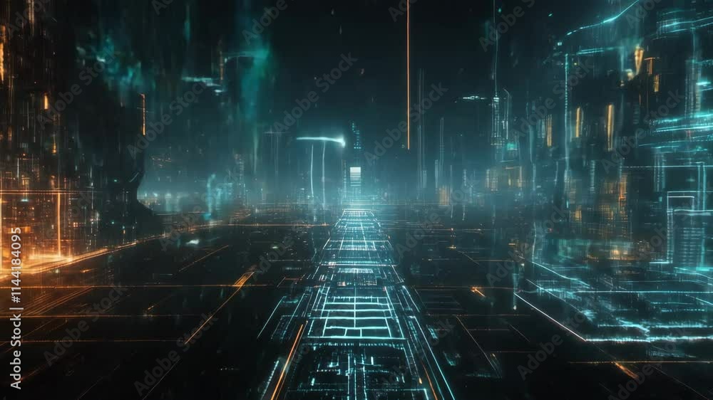 Poster futuristic smart city glowing at night with digital lines and grids representing data flow, network 