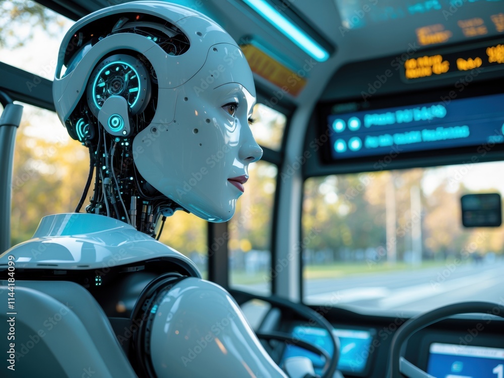 Poster robot driver operates a bus in a city setting during a sunny afternoon showcasing advancements in au