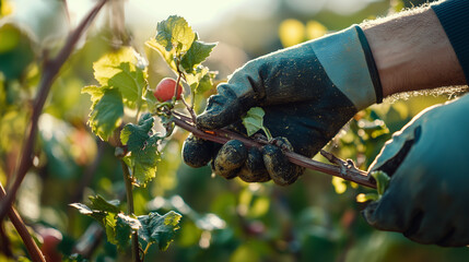 Close-up of gloved hand picking ripe fruit from a vine in lush garden during sunny day