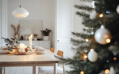 A Scandinavian-style dining area with a natural wood table, cozy lighting, and a snowy Christmas tree with subtle ornaments