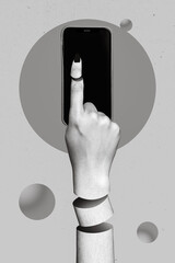 Vertical creative collage image of woman female hand cutting swipe smartphone cell phone internet...