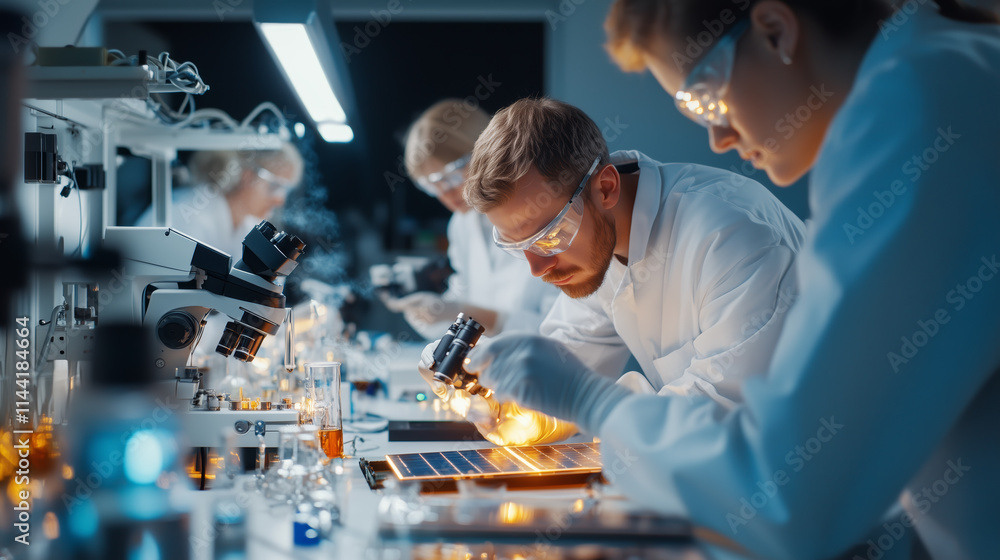 Poster scientists conduct experiments in a laboratory using microscopes and glassware during evening resear