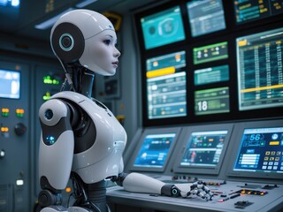 Advanced humanoid robot operating control panel in high-tech environment during a modern technology demonstration