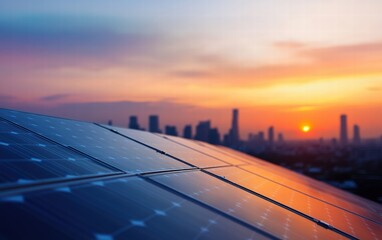 A single solar panels in focus, capturing sunlight, with a blurred cityscape in the background