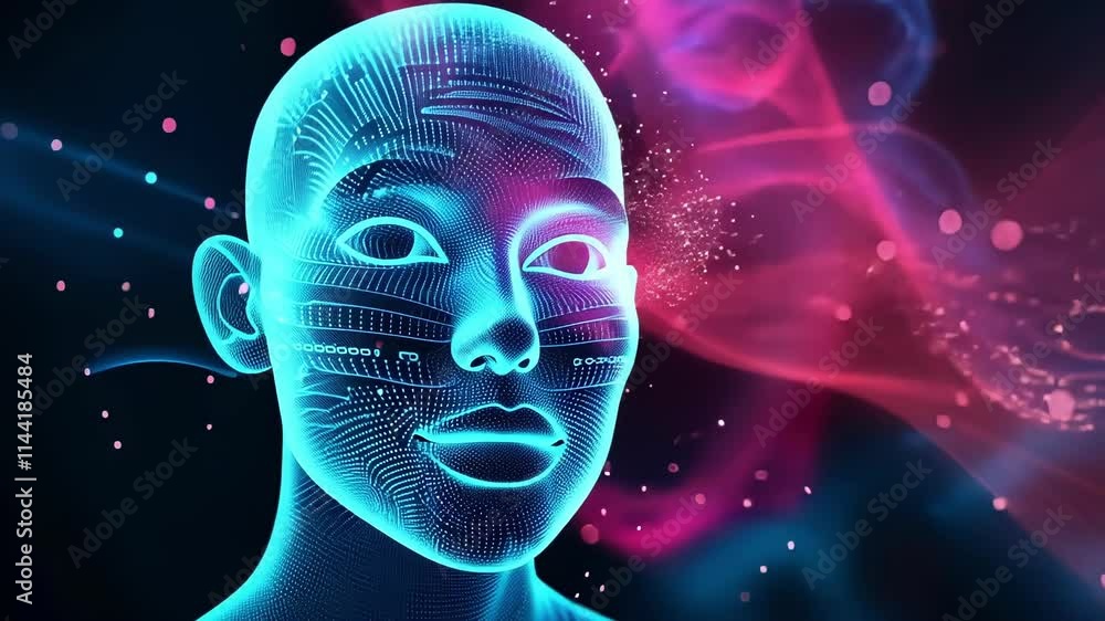 Poster binary code forming a human face interacting with big data visualization as a concept of artificial 